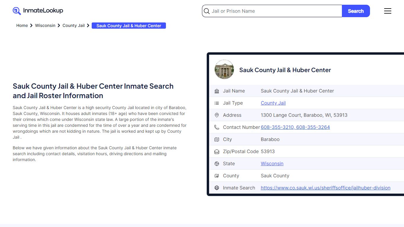 Sauk County Jail & Huber Center Inmate Search, Jail ... - Inmate Lookup